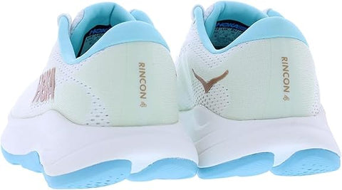 Pair of white and light blue running shoes with 'Rincon' branding on a white background