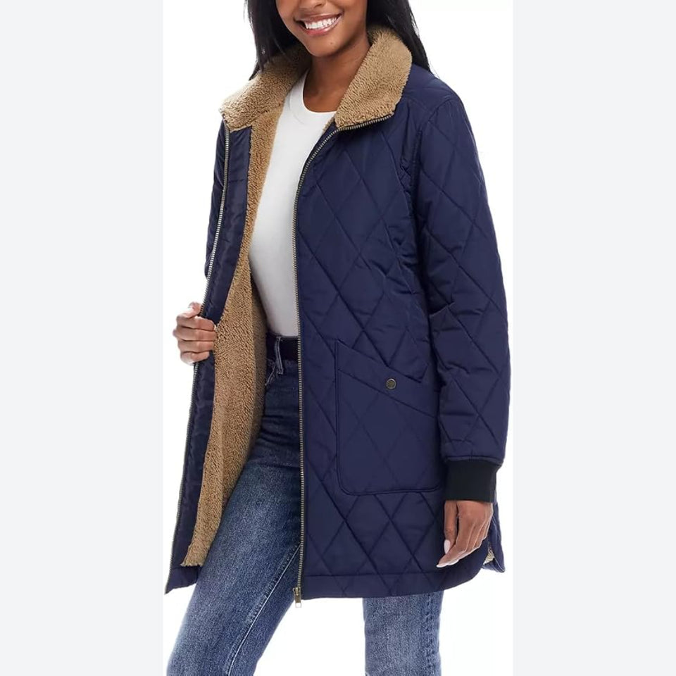 Weatherproof Vintage Women's Navy Sherpa Lined Quilted Long Jacket