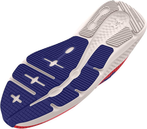 Close-up of a shoe sole with blue, white, and red colors on a white background