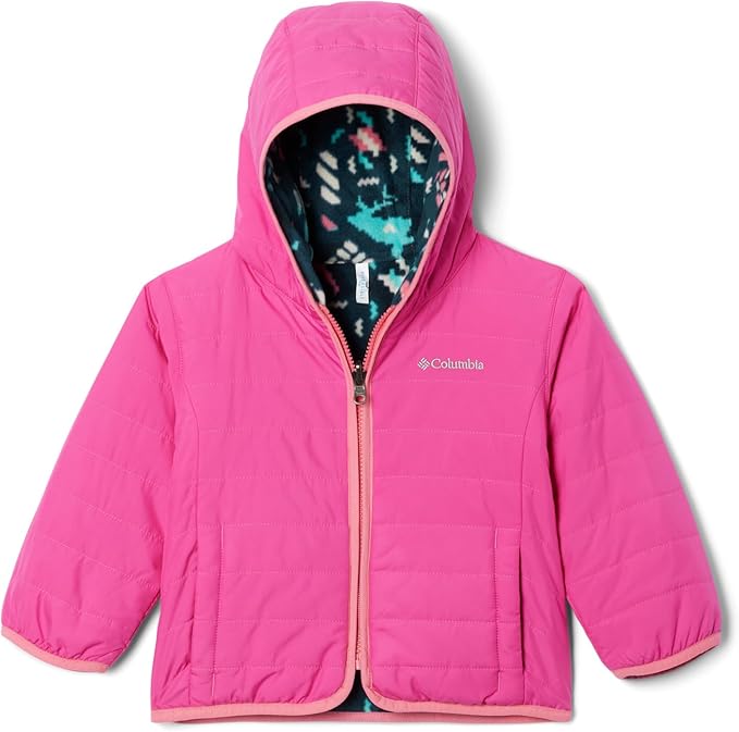 Pink children's jacket with floral lining on a white background