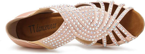Rose gold dance shoe with rhinestone embellishments on a white background