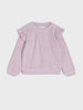 Pink ribbed sweater with ruffled shoulders on a light gray background