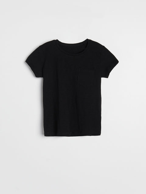 Black t-shirt on a light gray background
