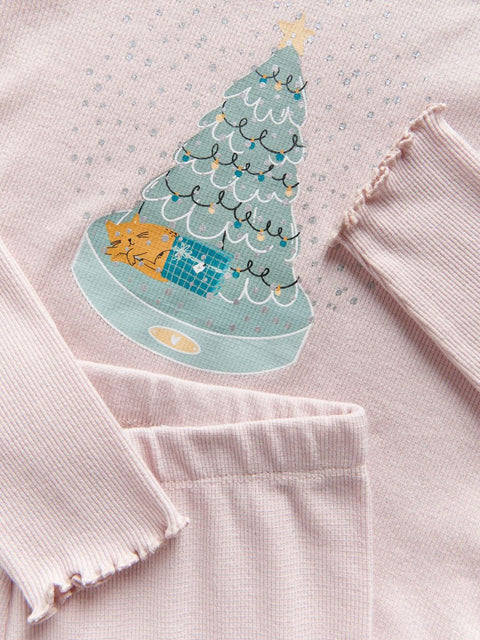 Illustration of a Christmas tree with a cat on a pink textured fabric background