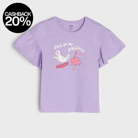 Purple t-shirt with a graphic design on a white background