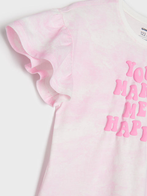 Pink t-shirt with 'You Make Me Happy' text on a white background