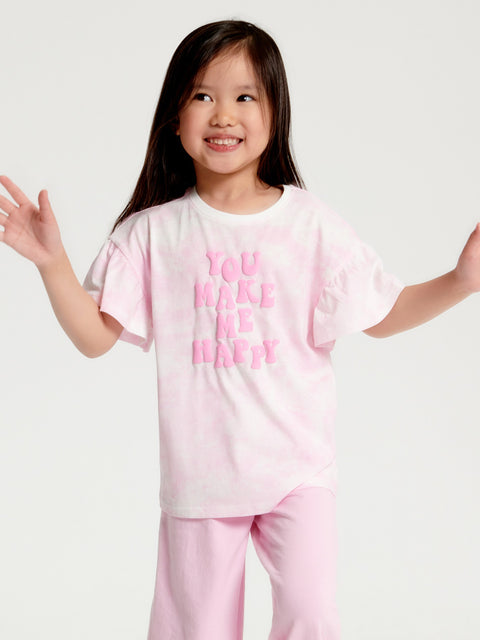 Child wearing pink pajamas with text on a white background