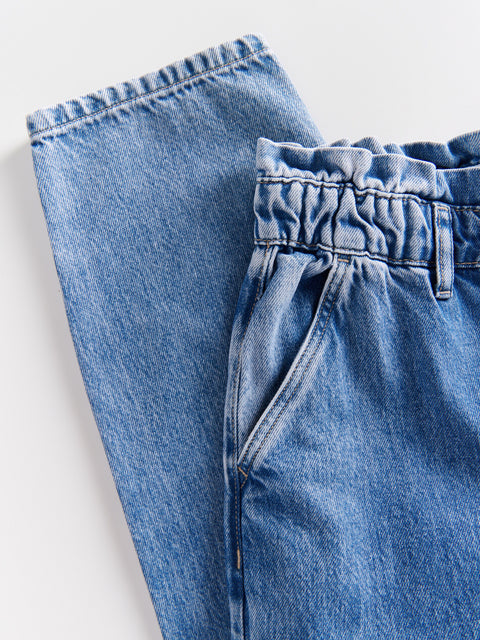 Close-up of blue jeans with a white background
