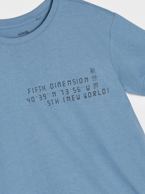 Blue t-shirt with text on a white background