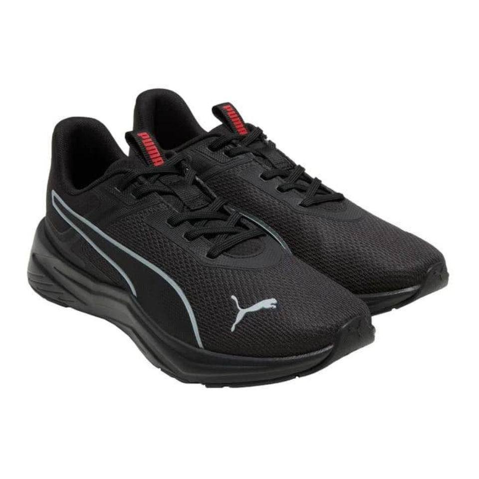Black running shoes with red accents on a white background