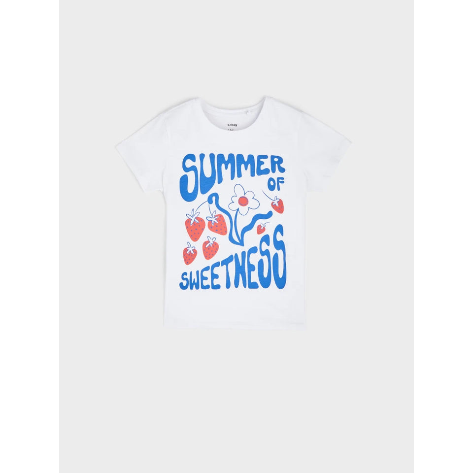 A white short-sleeve t-shirt with a colorful graphic print reading 'SUMMER OF SWEETNESS' in blue, decorated with red strawberries and a blue-and-white flower, shown on a light gray background.