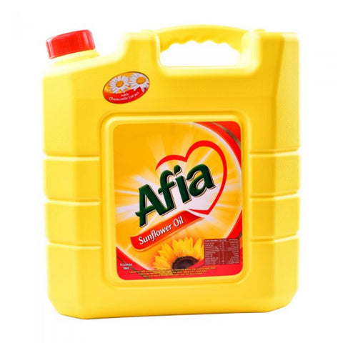 Yellow container of Afia sunflower oil on a white background