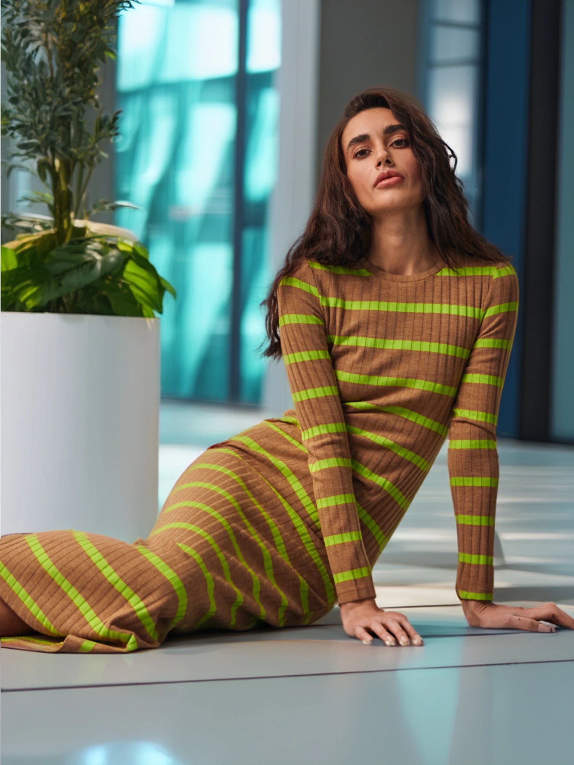 Sinsay Women's Brown & Green Striped Midi Dress | Sinsay In Lebanon