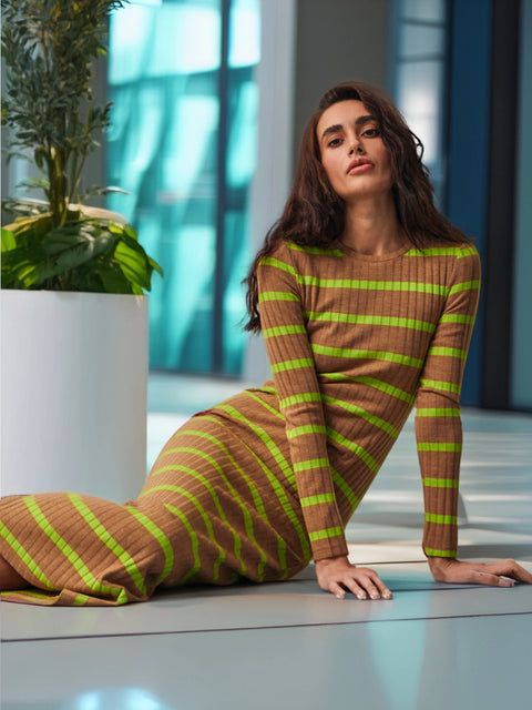 Sinsay Women's Brown & Green Striped Midi Dress | Sinsay In Lebanon