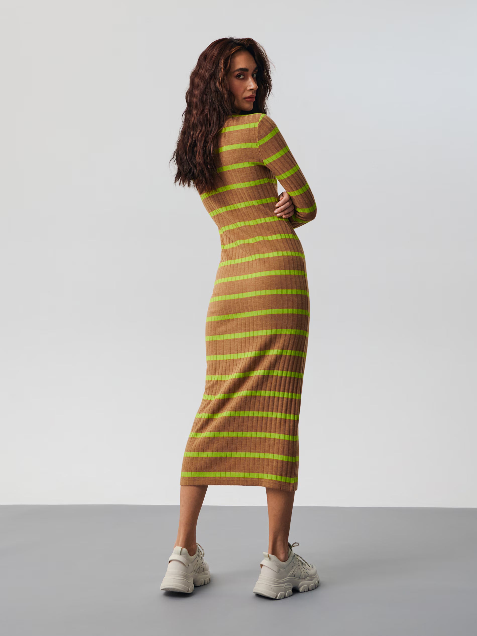 Sinsay Women's Brown & Green Striped Midi Dress | Sinsay In Lebanon