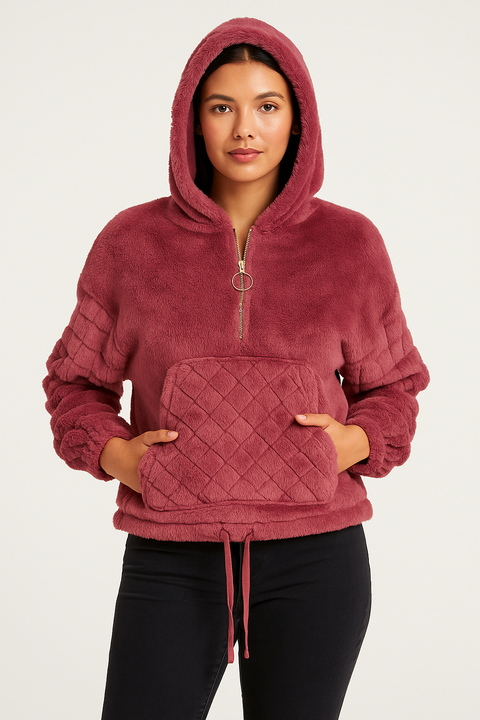 Crave Fame Women's Purple Faux-Fur Quarter-Zip Hoodie | Crave Fame In Lebanon