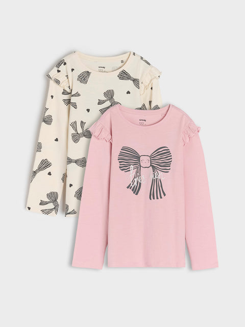 Sinsay Girl's Beige & Dusty Pink Bow Printed Pack Of 2 Long Sleeve Blouses | Sinsay In Lebanon