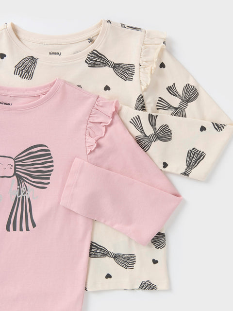 Sinsay Girl's Beige & Dusty Pink Bow Printed Pack Of 2 Long Sleeve Blouses | Sinsay In Lebanon