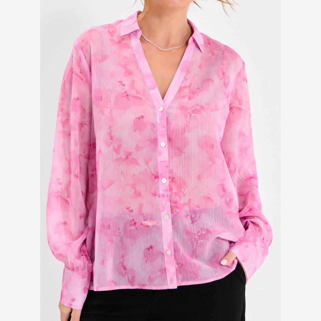 Sinsay Women's Pink Floral Print Long-Sleeve Button-Up Shirt