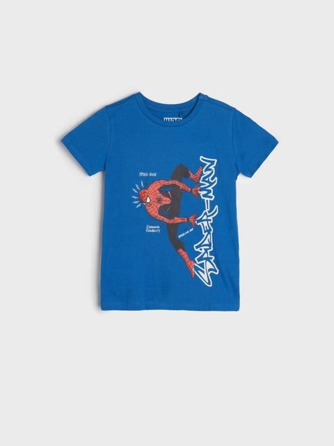 Blue t-shirt with superhero graphic on a light gray background