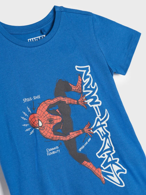 Blue t-shirt with Spider-Man graphic design on a white background