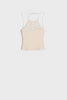 Beige tank top with lace detailing on a white background