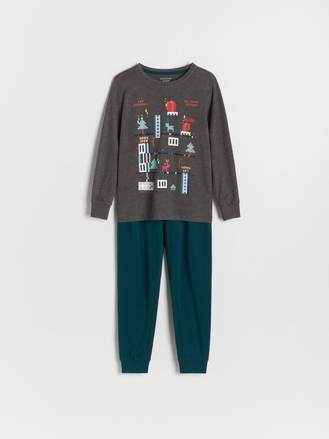Children's pajama set with a dark gray long-sleeve top and teal pants on a white background