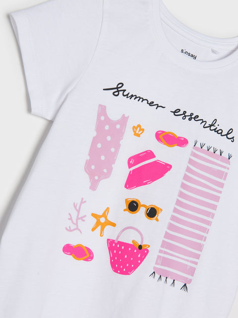 White t-shirt with pink and orange summer-themed graphics and text on a white background
