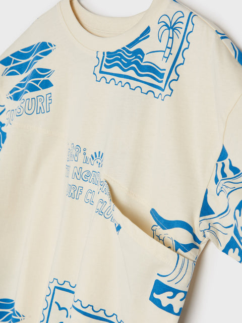 Beige sweatshirt with blue graphics and text on a white background