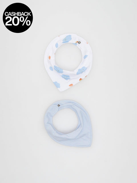 Two baby bibs with cloud patterns on a light gray background