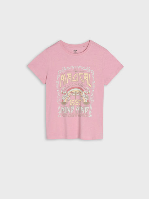 Pink t-shirt with a graphic design on a light gray background