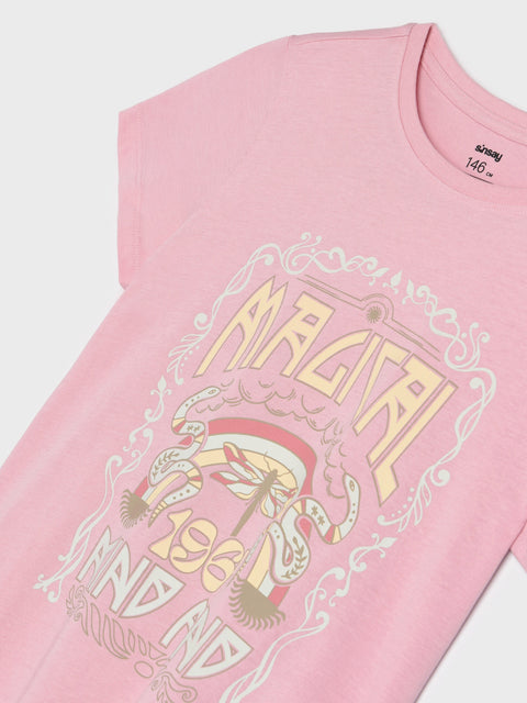 Pink t-shirt with decorative text and graphics on a light gray background