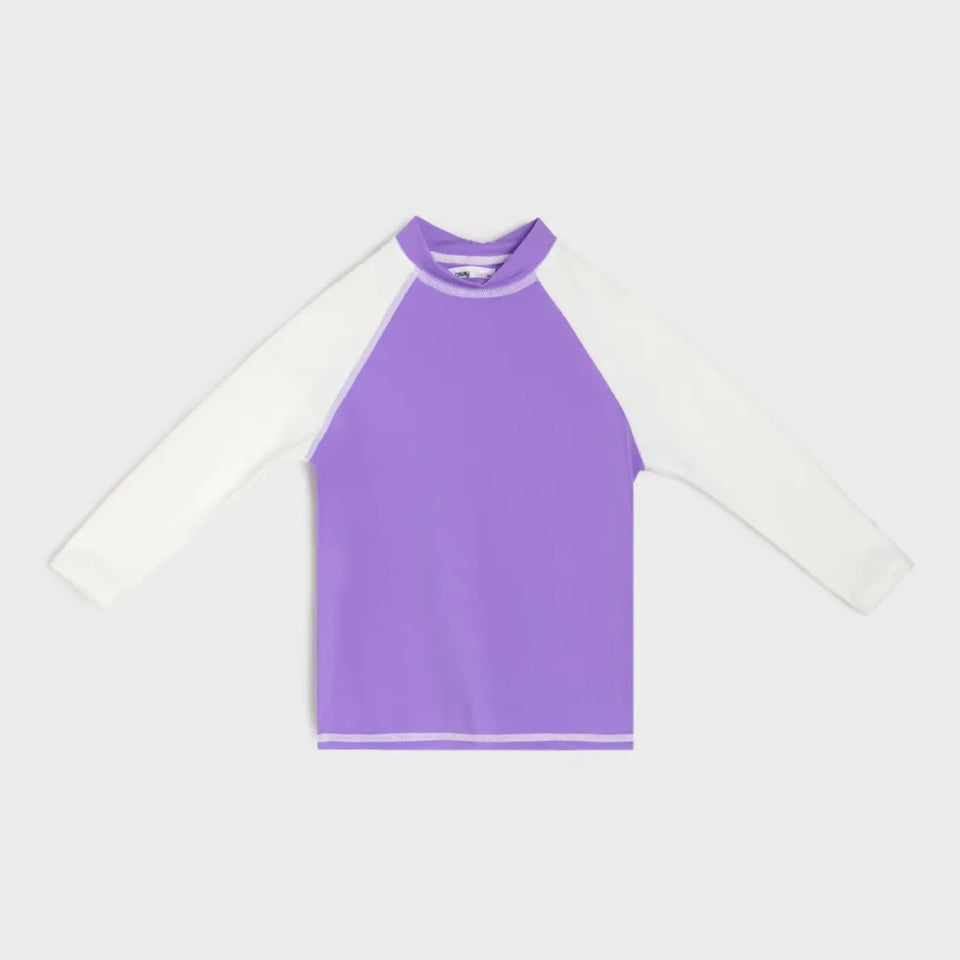 A long-sleeve raglan top in lavender purple with white sleeves, laid flat against a light gray background.