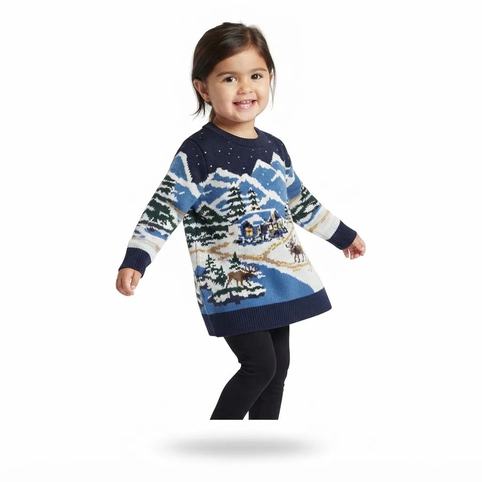 A young child wearing a navy blue knit sweater with a winter village and mountain pattern, paired with black leggings, shown against a plain white background.