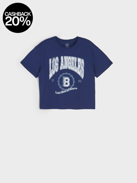 Navy blue t-shirt with 'Los Angeles' and 'B' logo on a white background