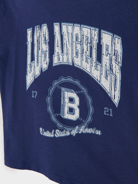 Navy blue t-shirt with 'Los Angeles' and 'United States of America' text on a white background