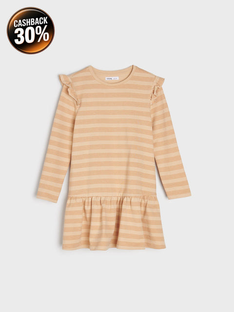 Beige striped dress with ruffled sleeves on a light gray background