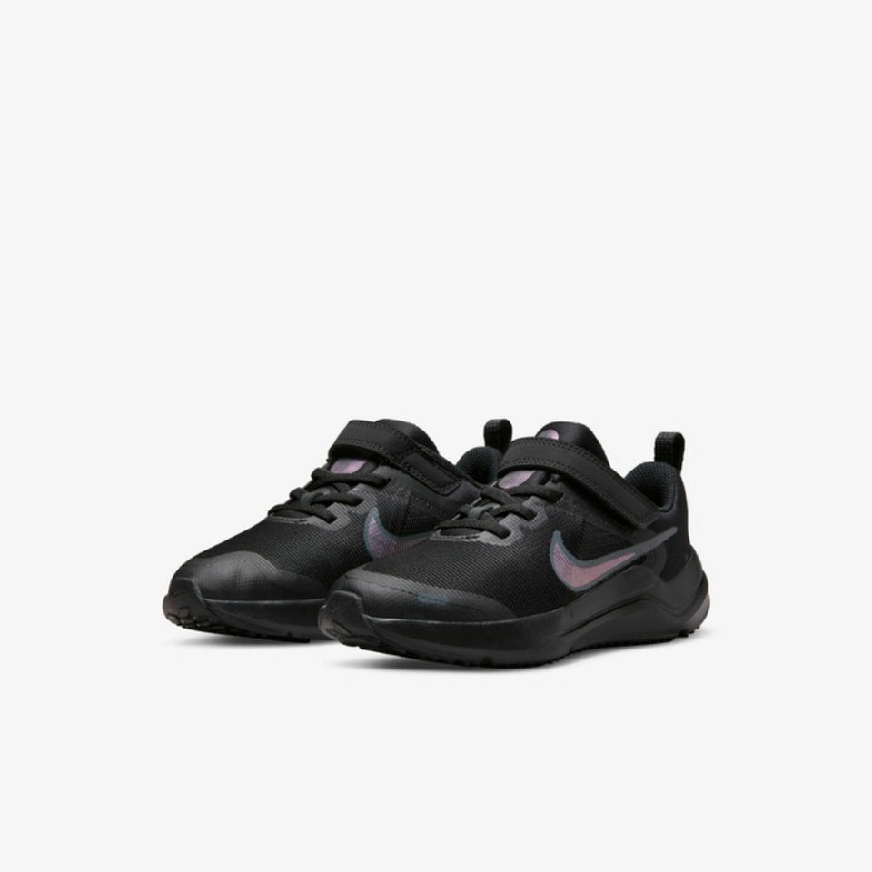 Black sneakers with a white logo on a white background