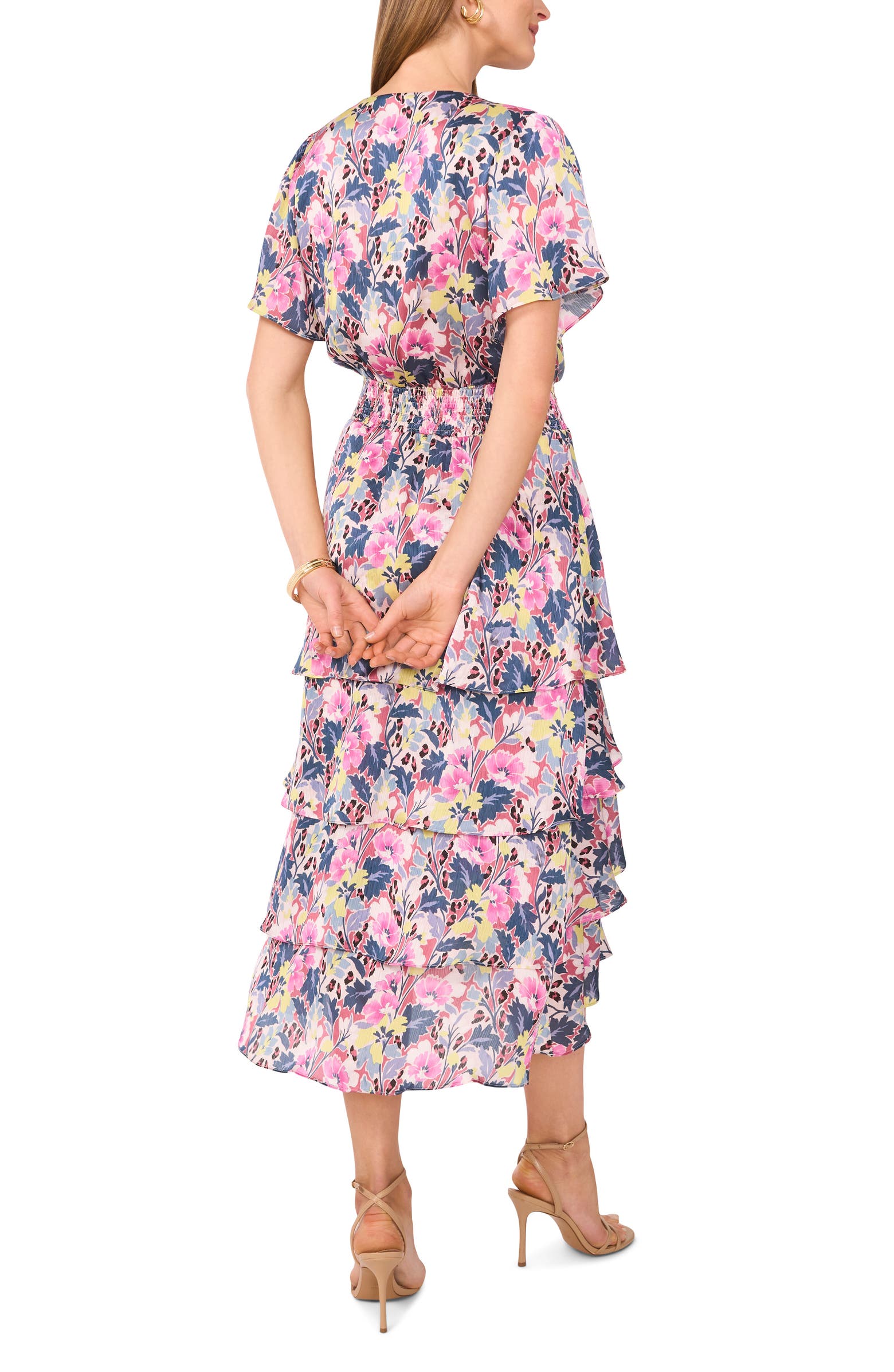 Vince Camuto Women's Multicolor Floral Flutter Sleeve Tiered Satin Midi Dress|Vince Camuto In Lebanon