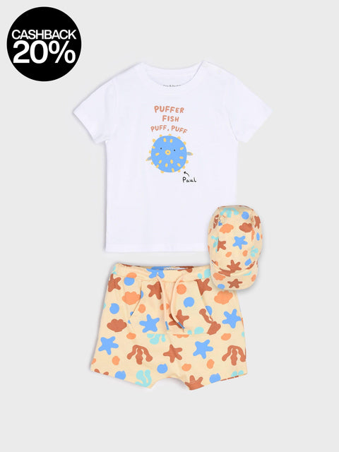 Baby outfit with white t-shirt, shorts, and hat featuring starfish and fish design on a light gray background.