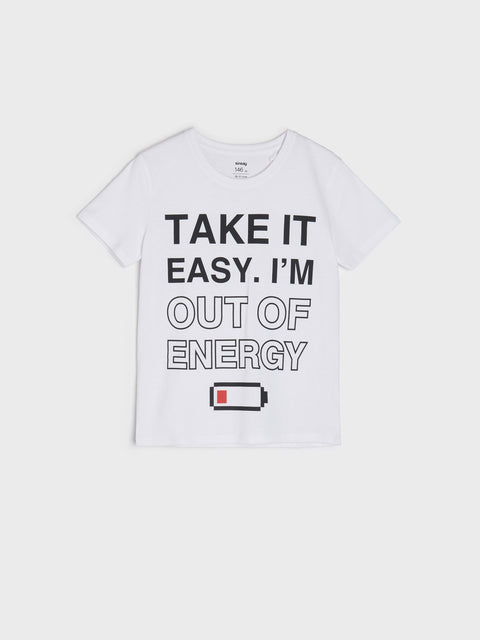 White t-shirt with humorous text and battery graphic on a white background