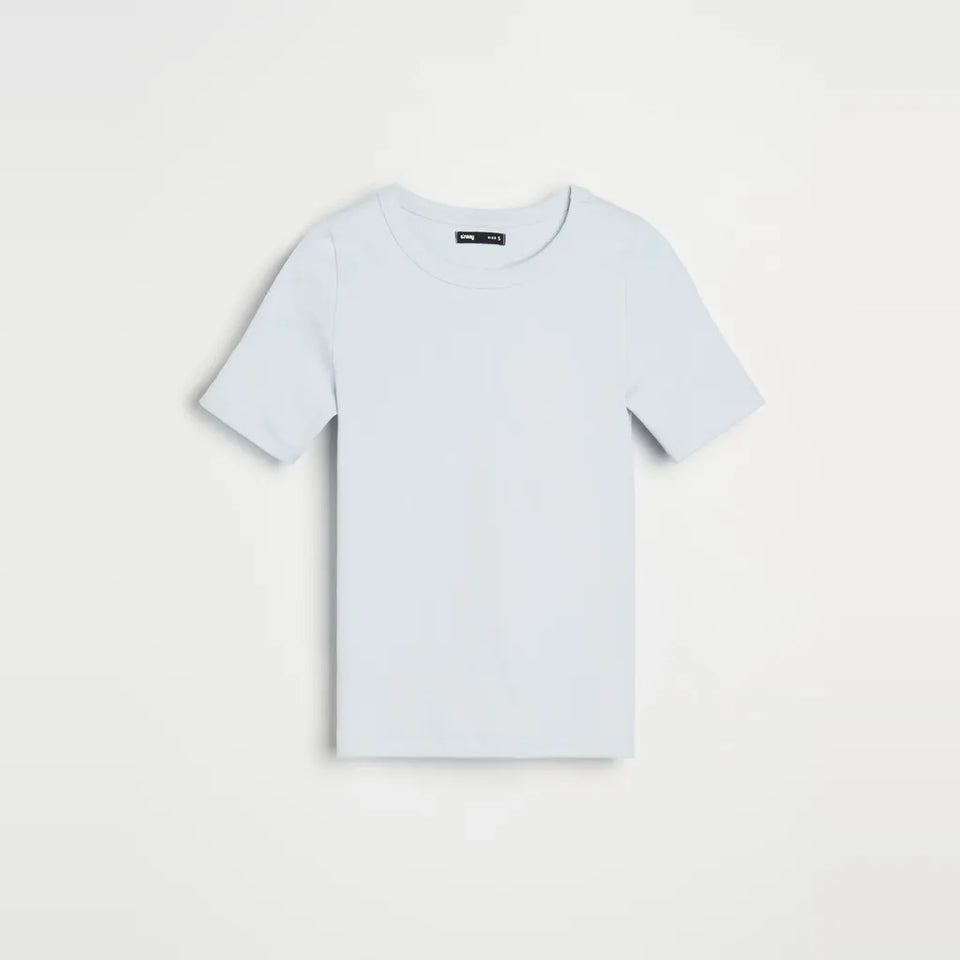 A light blue short-sleeve crewneck t-shirt laid flat against a light gray background.
