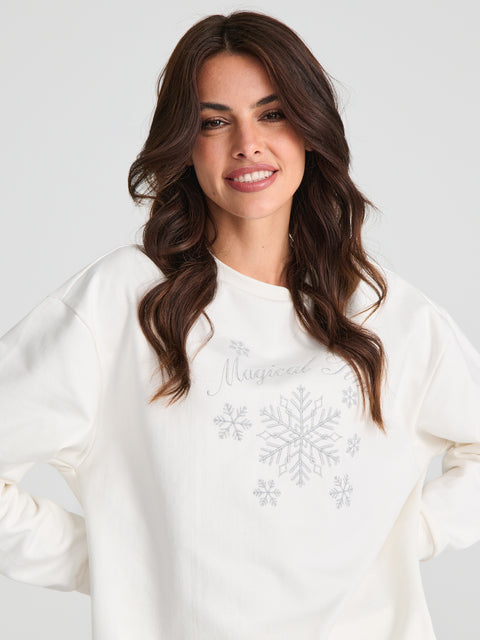 Sinsay Women's Cream Printed Crew Neck Long Sleeve Sweatshirt|Sinsay In Lebanon