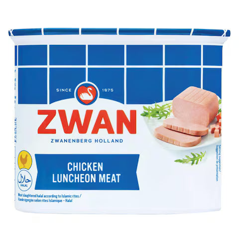Packaging of Zwan chicken luncheon meat with blue and white design.