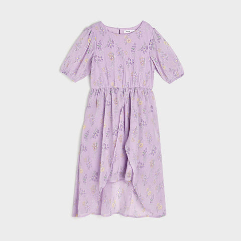 Lavender dress with floral pattern on a white background