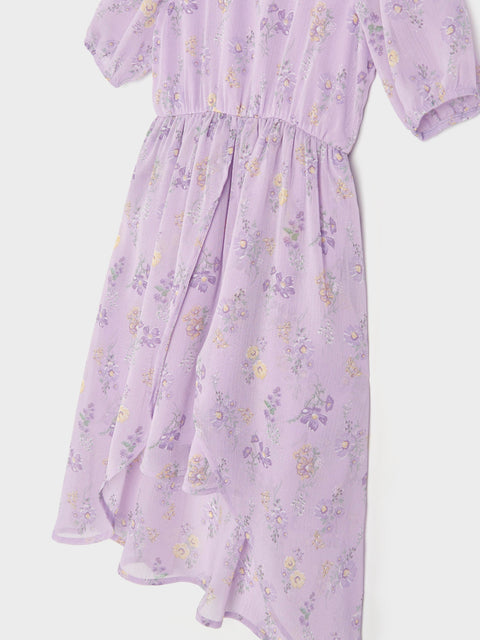Lavender dress with floral pattern on a white background