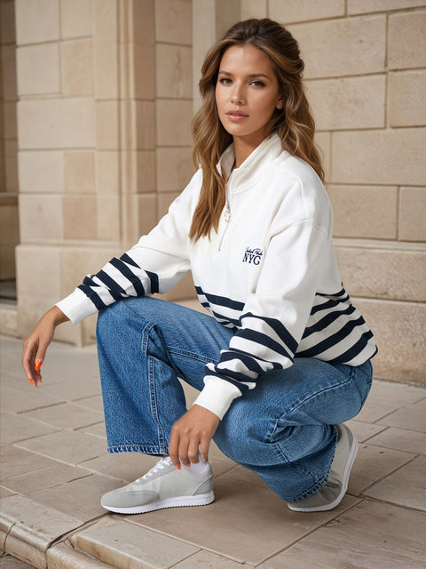 Sinsay Women's White & Navy Striped 1/4 Zip Neck Sweatshirt|Sinsay In Lebanon