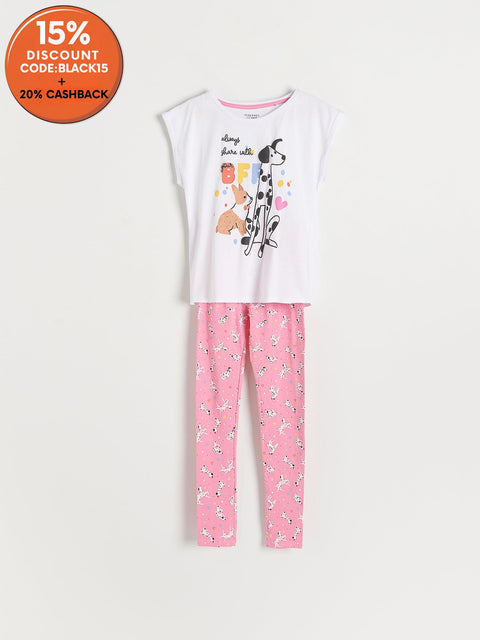 Reserved Girl's White & Pink Short Sleeve Dog Printed Pajama Set | Reserved In Lebanon