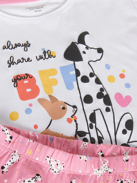 Reserved Girl's White & Pink Short Sleeve Dog Printed Pajama Set | Reserved In Lebanon