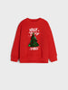 Red sweatshirt with Christmas tree design and text on a white background